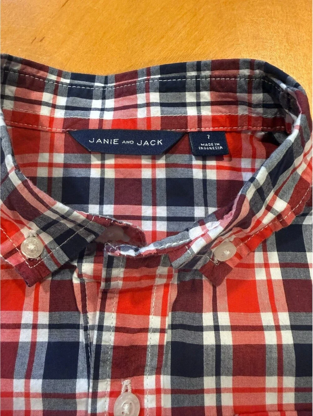 Janie and Jack Boys Size 7 Plaid Button Down Shirt Red Navy 100% Cotton Preppy